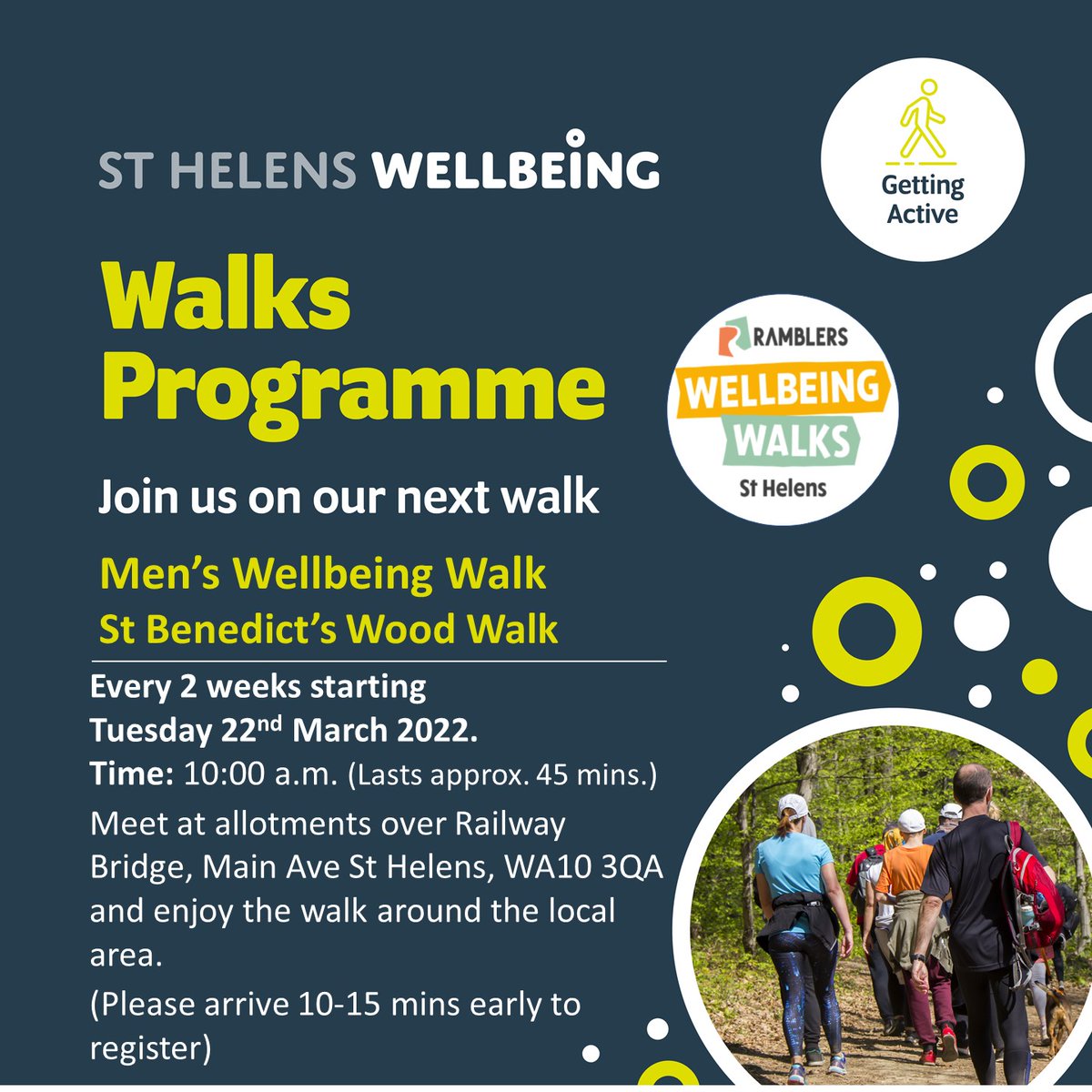 StHWellbeing's tweet photo. As part of our Men's Wellbeing Sessions, we are offering a men's only walk, around St Benedicts Wood.
Its going to run every 2 weeks starting 22nd March, so come along, we would love to see you there!
https://t.co/XFIBZjnyAA https://t.co/mHlyV6gfjj