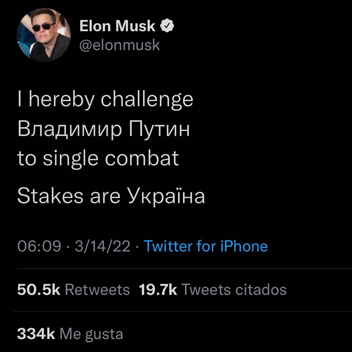 WuanplusAds's tweet photo. #LoUltimo 🔴
El magnate lanzó una serie de tweets en el que desafiaba al presidente de Rusia a un "duelo individual". Musk se ha mostrado muy activo durante la guerra.
Más ➡️ https://t.co/8Jwypdh0Q0
#VladimirPutin #ElonMusk #RussiaUkraineWar #PutinVsMusk #MuskVsPutin https://t.co/0OqcKLBZp4