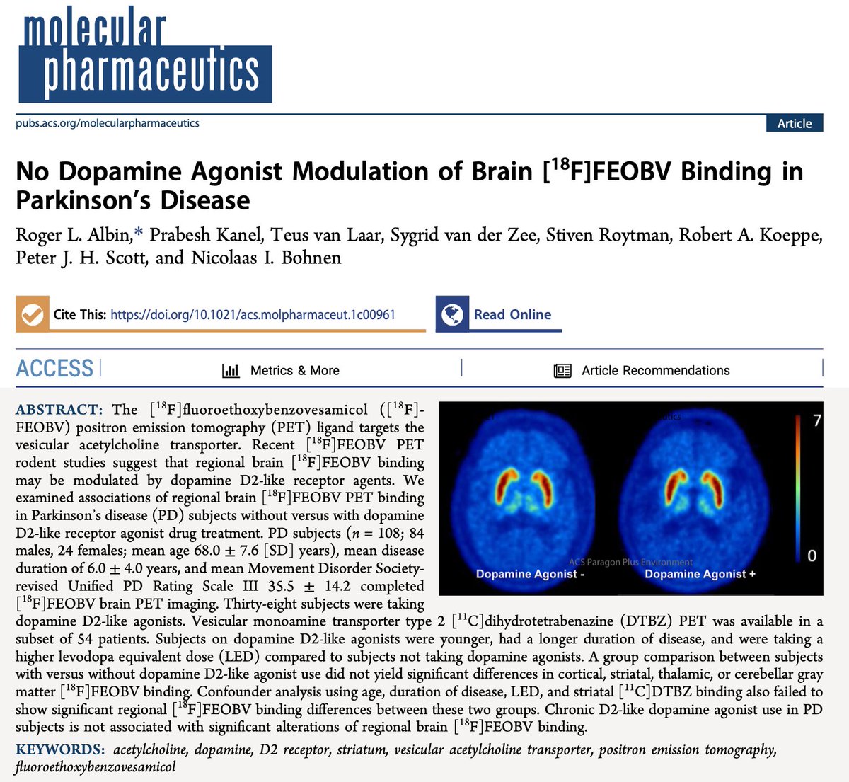 Our latest work with colleagues in <a href="/umichmedicine/">Michigan Medicine</a>  #Neurology investigating the dopamine agonist modulation of [18F]FEOBV #PETImaging in #ParkinsonsDisease is out now in <a href="/Mol_Pharm/">Mol Pharm</a>. Read it here: pubs.acs.org/doi/10.1021/ac…