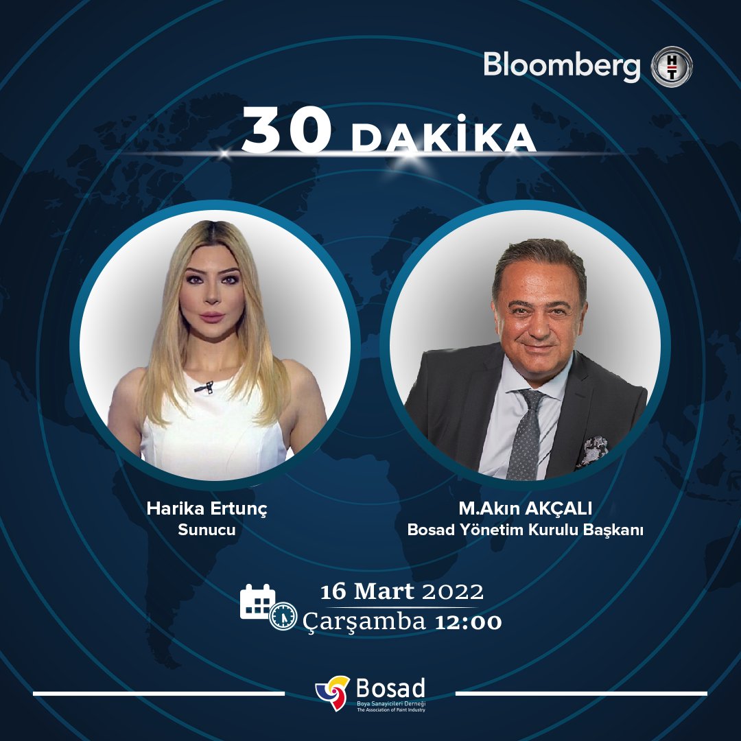 PermolitBoya's tweet photo. BOSAD Yönetim Kurulu Başkanı Sayın M. Akın Akçalı, boya sektörünü değerlendirmek üzere yarın saat 12:00’de Bloomberg HT TV’de Harika Ertunç’un canlı yayın konuğu olacaktır.
#Bosad #BoyaSanayicileriDerneği https://t.co/uI6TVPVAQd