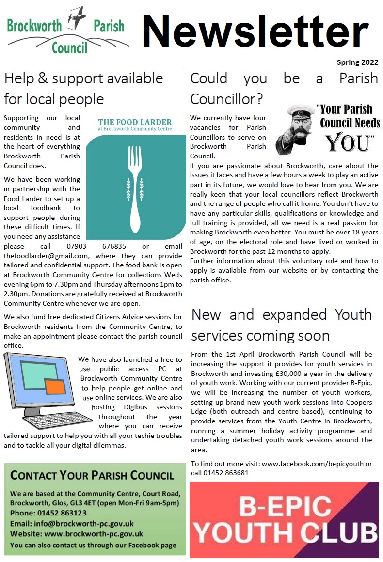BrockworthPC's tweet photo. Find out all the latest news from your parish council in our latest newsletter, out now and landing on your doorstep over the next few weeks. https://t.co/b0CtTNyiKu https://t.co/KwTfJLwqK3