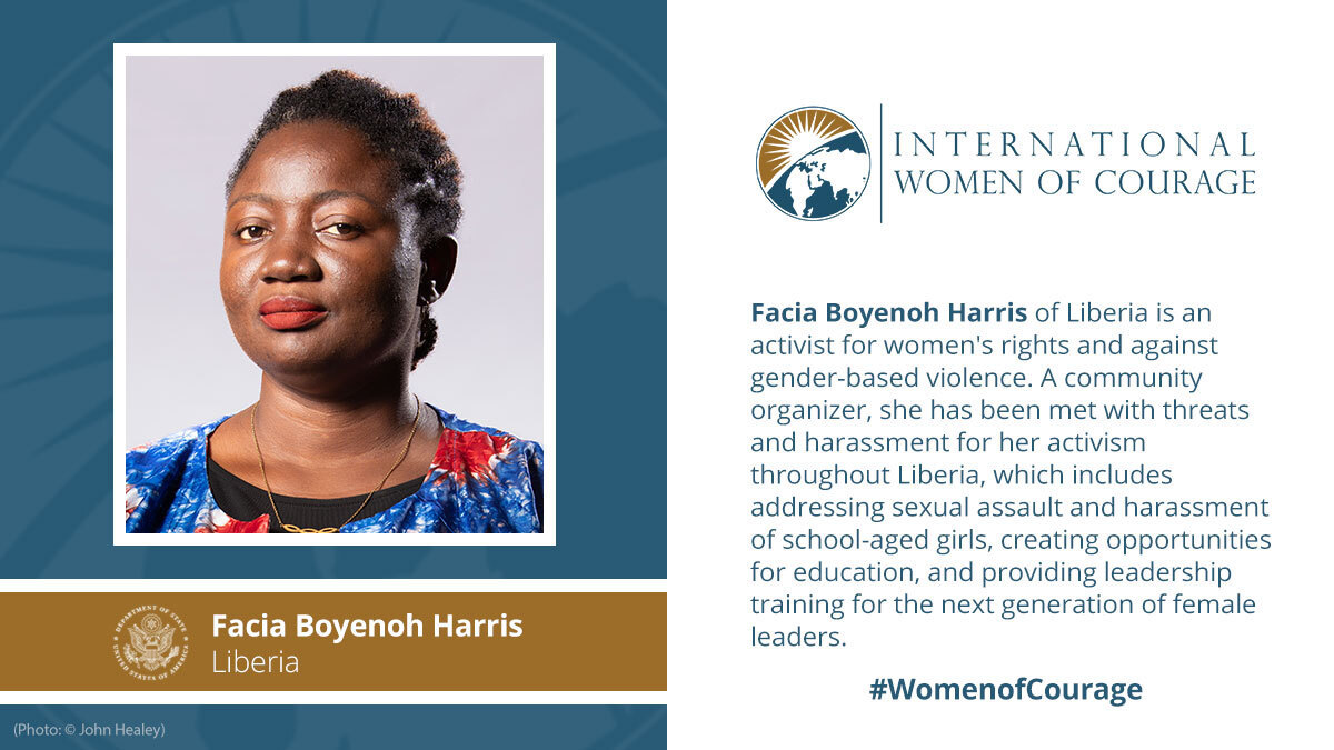 StateDept's tweet photo. Facia Boyenoh Harris is an activist for women's rights and against gender-based violence in Liberia. She is being honored as a #WomenofCourage for bringing attention to sexual assault and harassment of school-aged girls, and for creating opportunities for education &amp; leadership. https://t.co/grWzUReKeQ