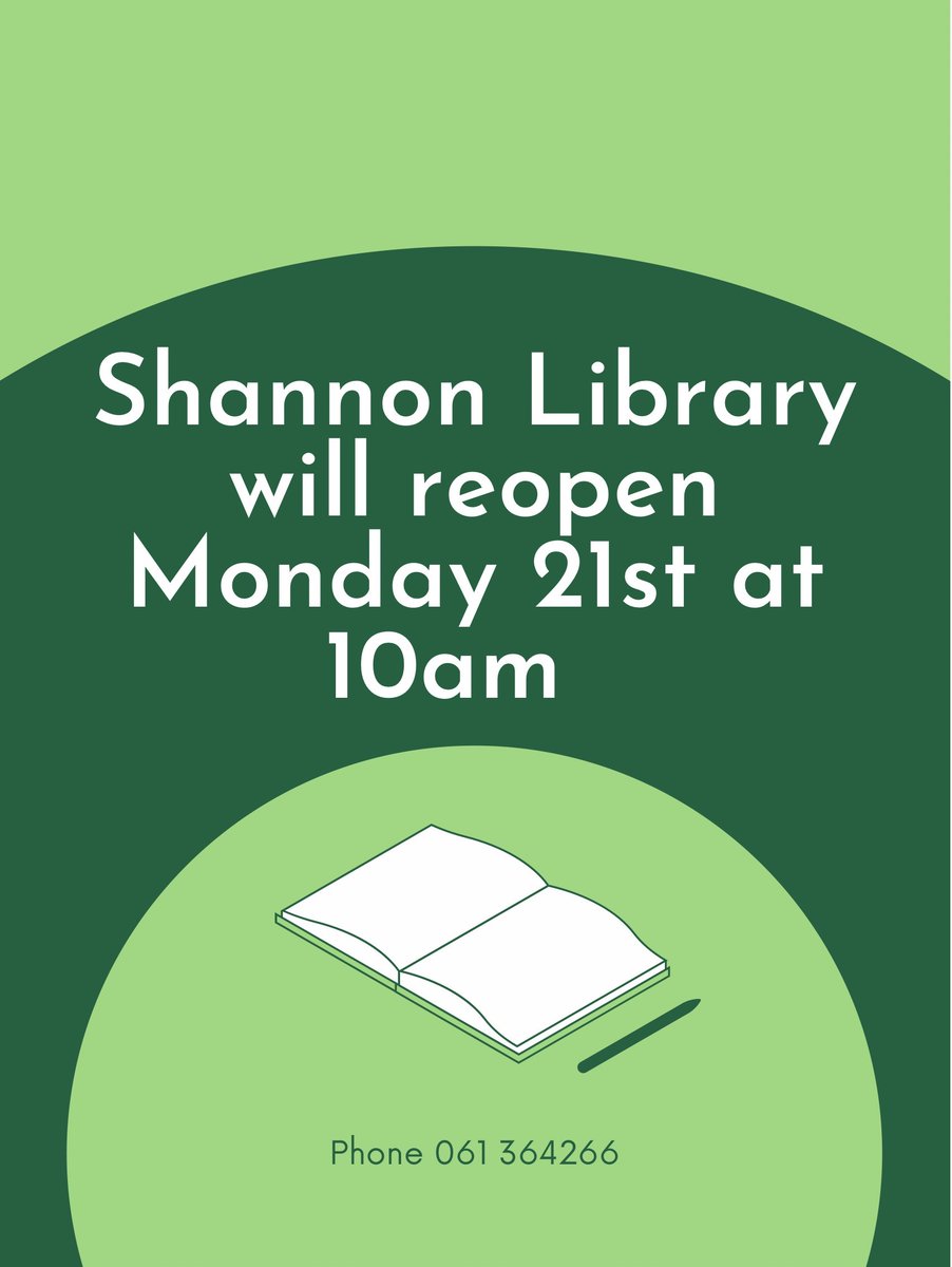 clarelibrary's tweet image. Shannon Library will be open from Monday 21st March!
Online services are available at clarelibrary.ie
We thank you for your understanding.

#openinghours #shannonlibrary #onlineservices