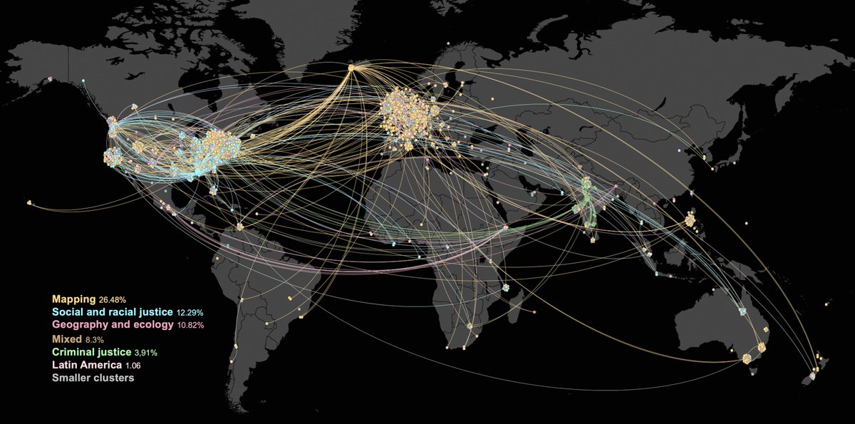 MartinBangratz's tweet image. This is the map I just presented at the  #CountermappingTheCity conference. It shows the locations of Twitter users that referenced #countermapping in the past 2 years, and some thematic clusters.