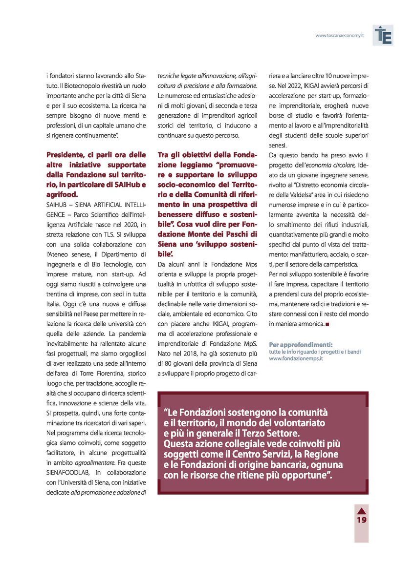 fondazionemps's tweet photo. #storiedicopertina su #ToscanaEconomy: parliamo di #innovazione facendo rete e sistema con il #territorio e favorendo l'incontro fra #pubblico e #privato.
Leggi l'intervista completa a #CarloRossi #presFMPS👉🏼https://t.co/cRljvvAtxc #InsiemeConFMPS https://t.co/IEIFqvueVn