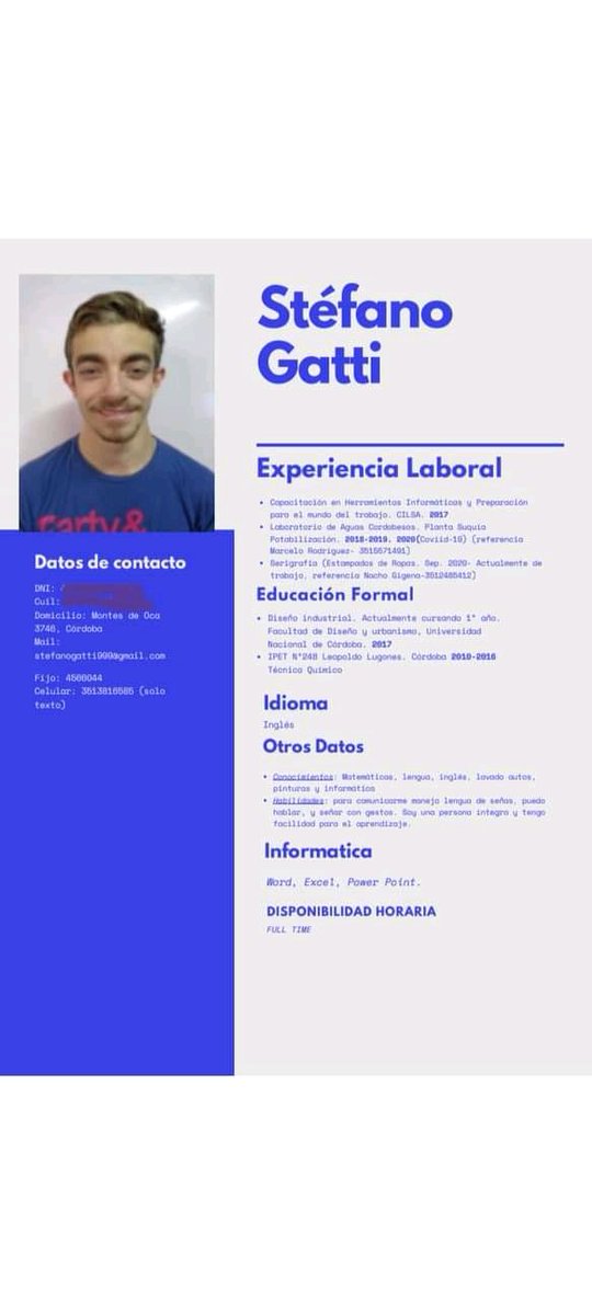 GianniGatti23's tweet photo. Mi hermano stefano esta buscando trabajo, el es hipoacusico y tiene facilidad de comunicarse con lenguaje de señas, una persona muy capaz, dispuesto a aprender. Cualquier cosa comunicarse conmigo o al numero aportado en el CV. Tu RT tambien ayuda. Muchas gracias!! https://t.co/ha97GjNRQH
