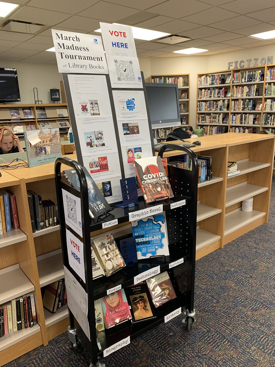 DJOLibrary's tweet photo. Who is your pick for the win? #MarchMadness tournament of #librarybooks The brackets according to Will, Xavier, Brian and Tolan https://t.co/zmsu0gDzav