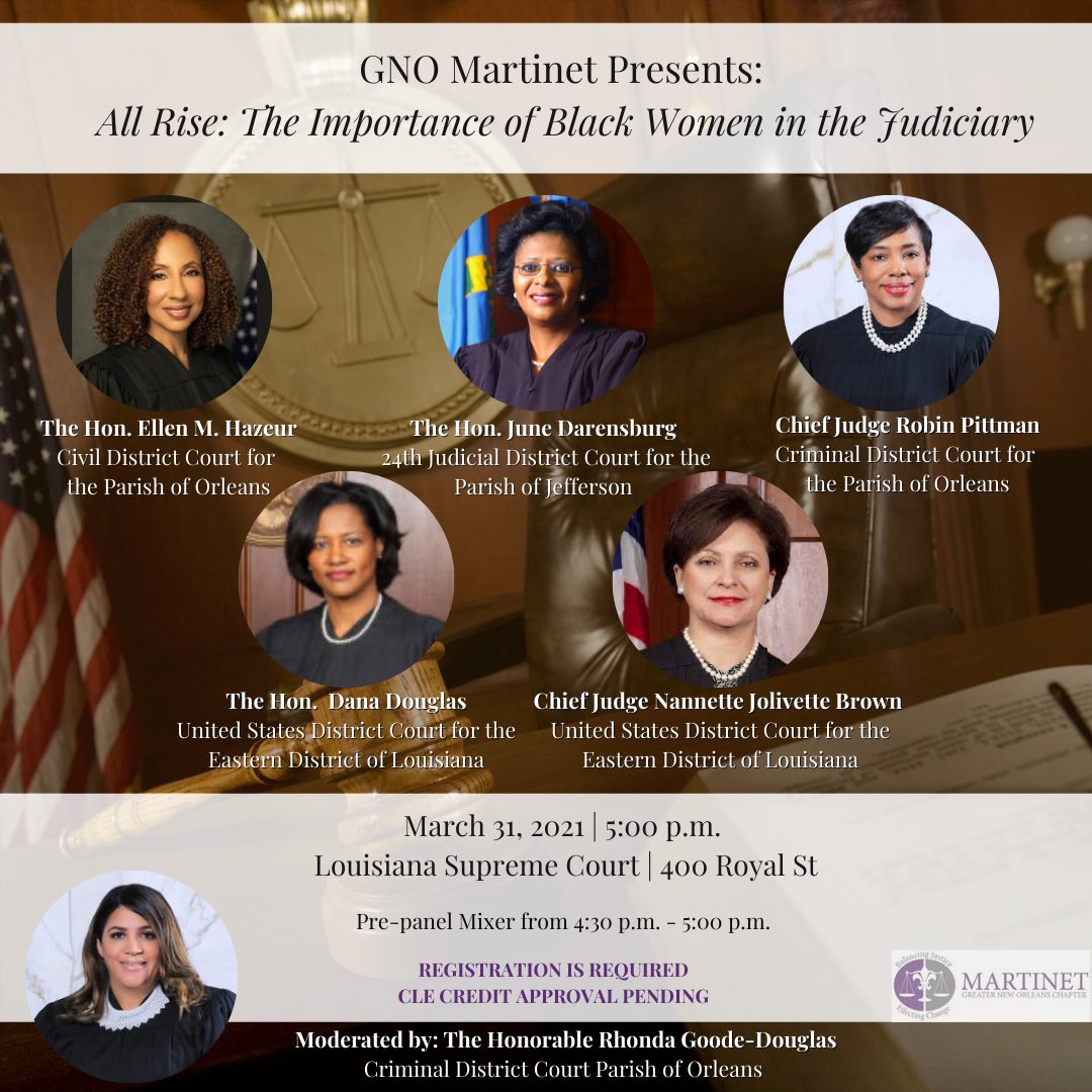 MartinetGno's tweet photo. Join us on March 31, 2022, as we discuss the importance of black women in the judiciary! CLE credit is pending! Register here: 

https://t.co/YQMCPaAV29 https://t.co/CKp568QH50