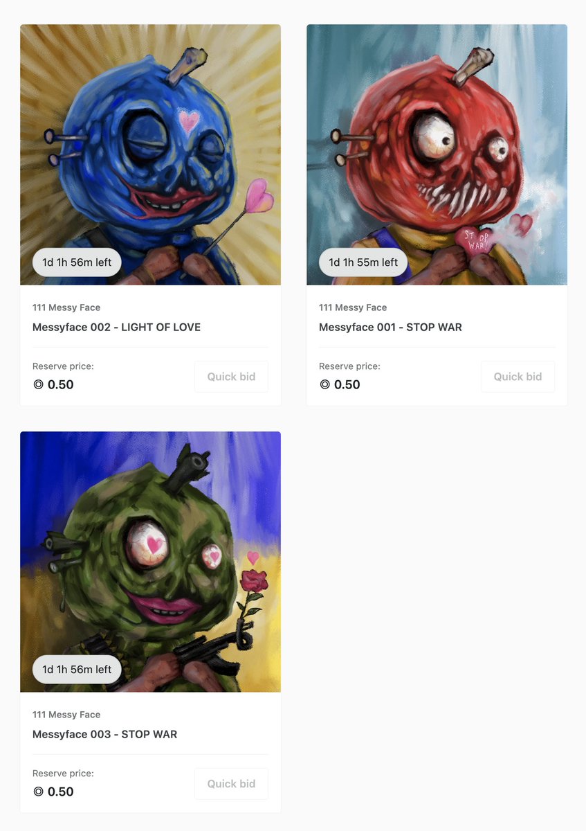 Messyfacey's tweet photo. The Genesis Auction has start at @exchgART 

STOP WAR Series

Bid: 0.5 SOL
Increment: 0.5 SOL
Duration: 1 day

Link to bid:
https://t.co/5y5o2OoMgF

#solana #solanaNFTs #exchgArt #NFTs #NFTcommunity https://t.co/Q5fA1e3Clg