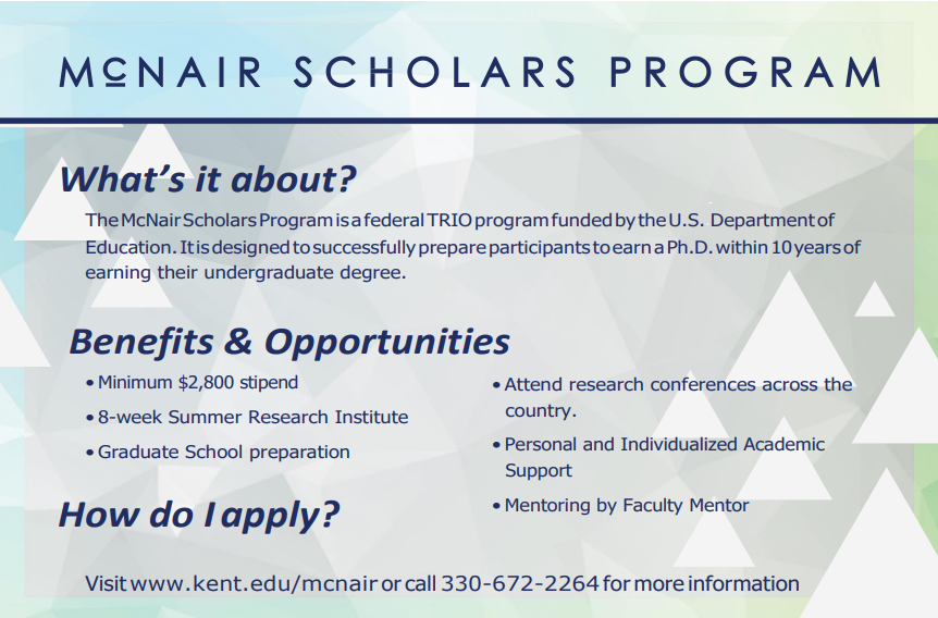 The McNair Scholars Program is currently recruiting for the 2022-23 school year and Summer 2023 Summer Research Institute! Any undergraduate students are encouraged to apply! kent.edu/mcnair