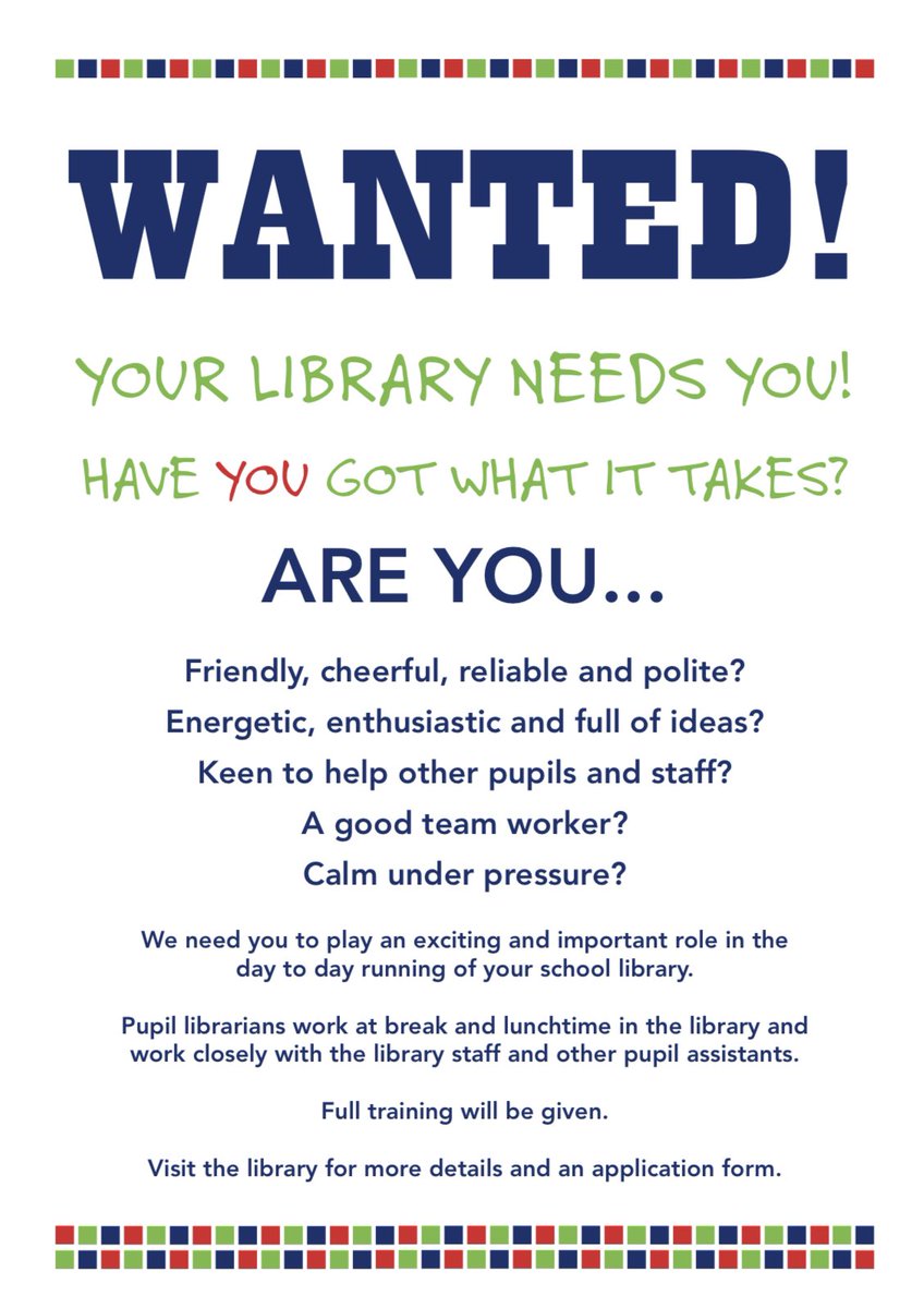 lpsb_library's tweet photo. Our school library is recruiting for pupil librarians! Thank you @uksla for your incredibly useful toolkit. Job descriptions &amp; application forms were being taken this lunchtime by interested year 8’s 😁 #edutwitter #schoollibraries #library @LPSBNews https://t.co/YeYv0k3vK8