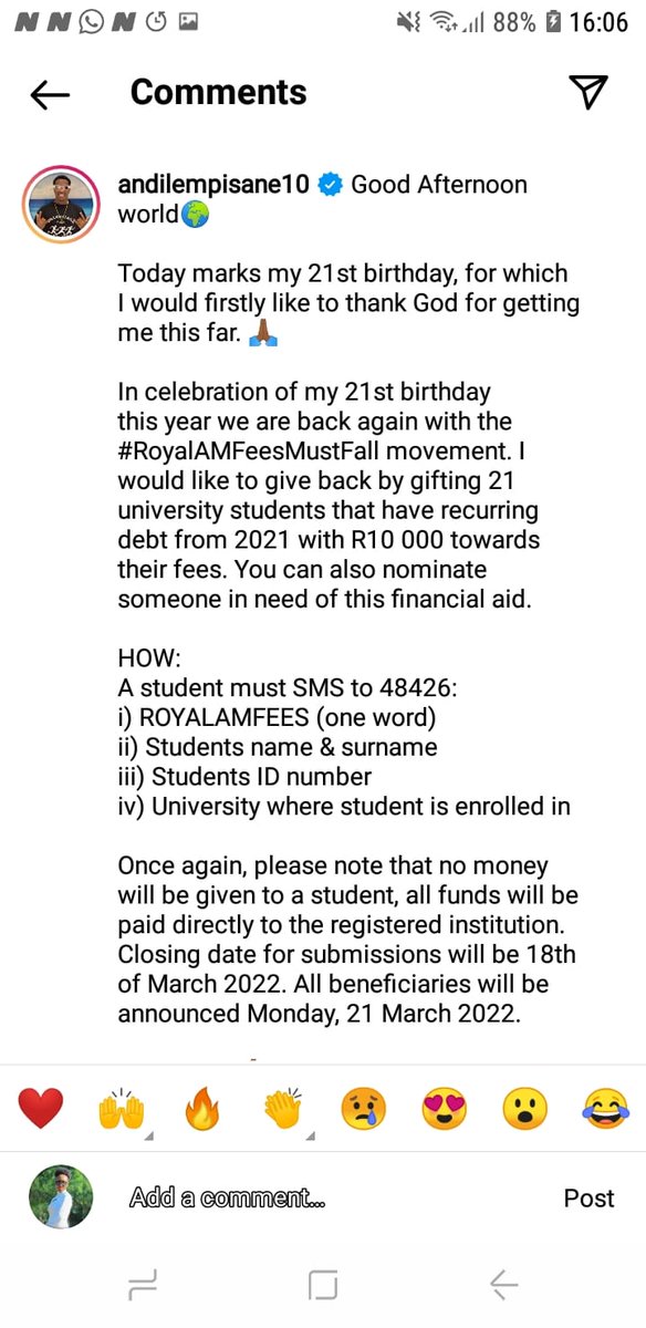 Andile Mpisane is giving R210 000 to 21 students. R10 000 each. Plzzz mention the ones that qualify to submit their details👏📌