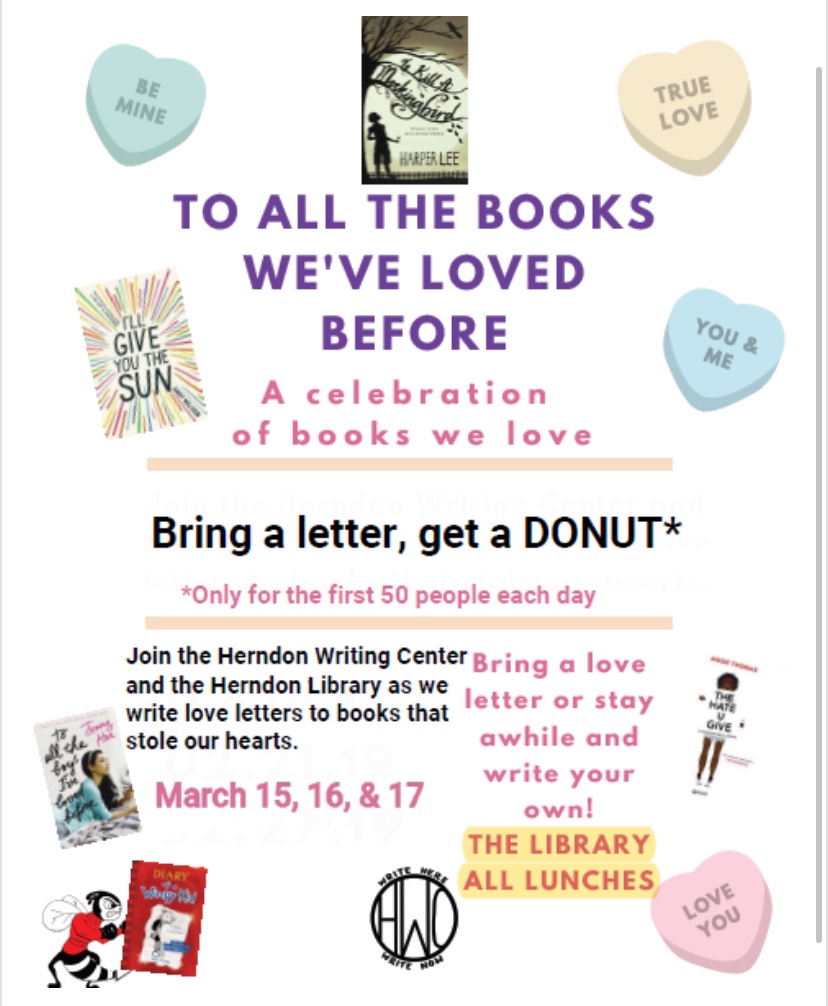 Join us in the <a href="/HHSLibrary/">Herndon HS Library</a>  today for day 1 of our 3-day celebration of books we love! Write a love letter (or breakup letter) to a book. We’re giving away donuts to the first set of students each lunch. See you there! <a href="/HerndonHS/">Herndon High School</a> <a href="/StingerHhs/">HHS The Stinger</a> <a href="/CounselorBuzz/">HHS Student Services</a>