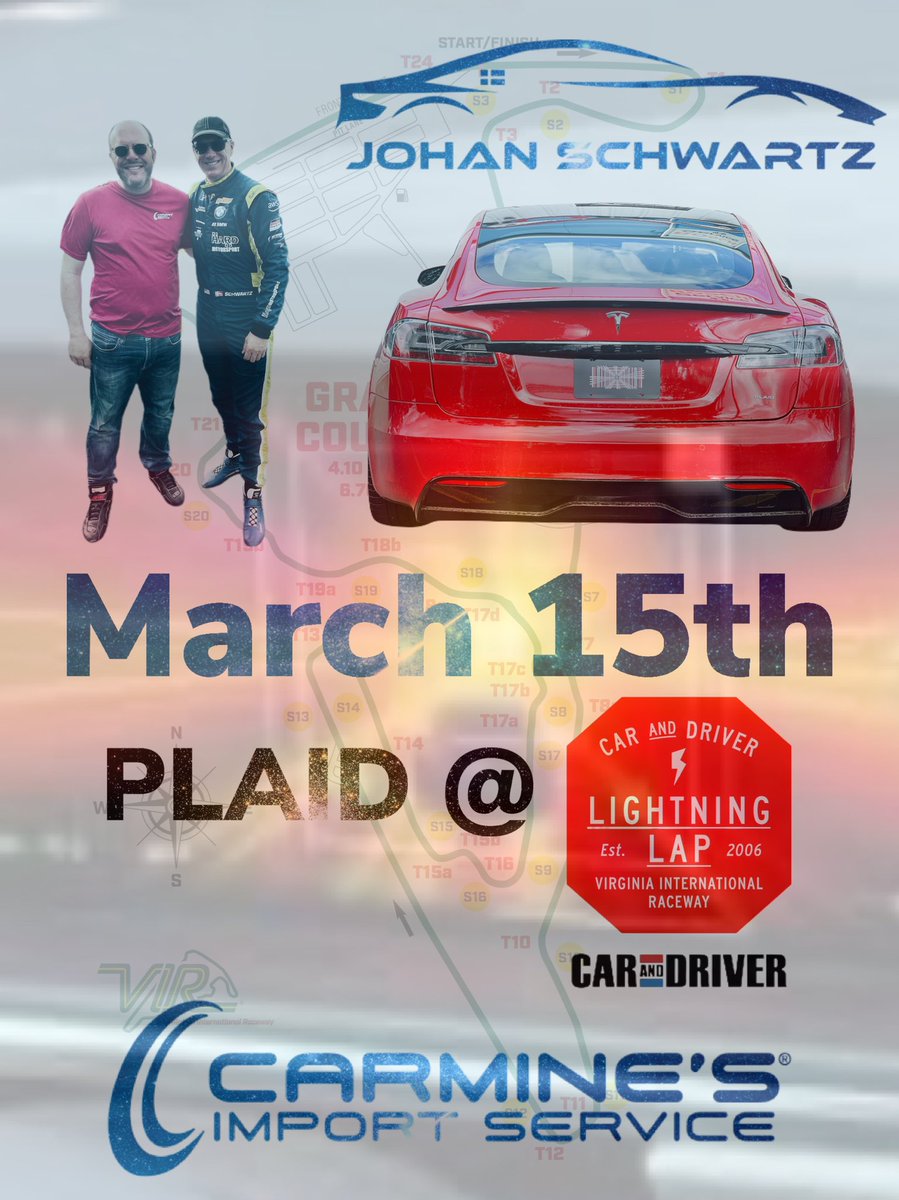 S3XYPLAID's tweet photo. @elonmusk @Tesla @JohanCSchwartz @UnpluggedTesla @RealTeslaNorth @VIRNow we are at VIR Grand Course today with the Carmine’s Import Service Tesla Model S Plaid running showroom 300 Treadwear tires @CARandDRIVER Lighting Lap. https://t.co/SLlLHmloJW