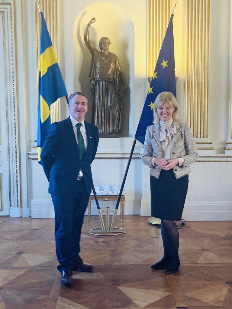 #swedishtrip Met with <a href="/AnnaHallberg_/">Anna Hallberg</a> Swedish Minister Foreign Trade &amp; Nordic Affairs. Discussing the positive dynamic in bilateral trade between Irl and Swe, incl growth areas in our Green &amp; Digital Economies; EU-UK relations incl the IRL/NorthIRL protocol &amp; sanctions on Russia