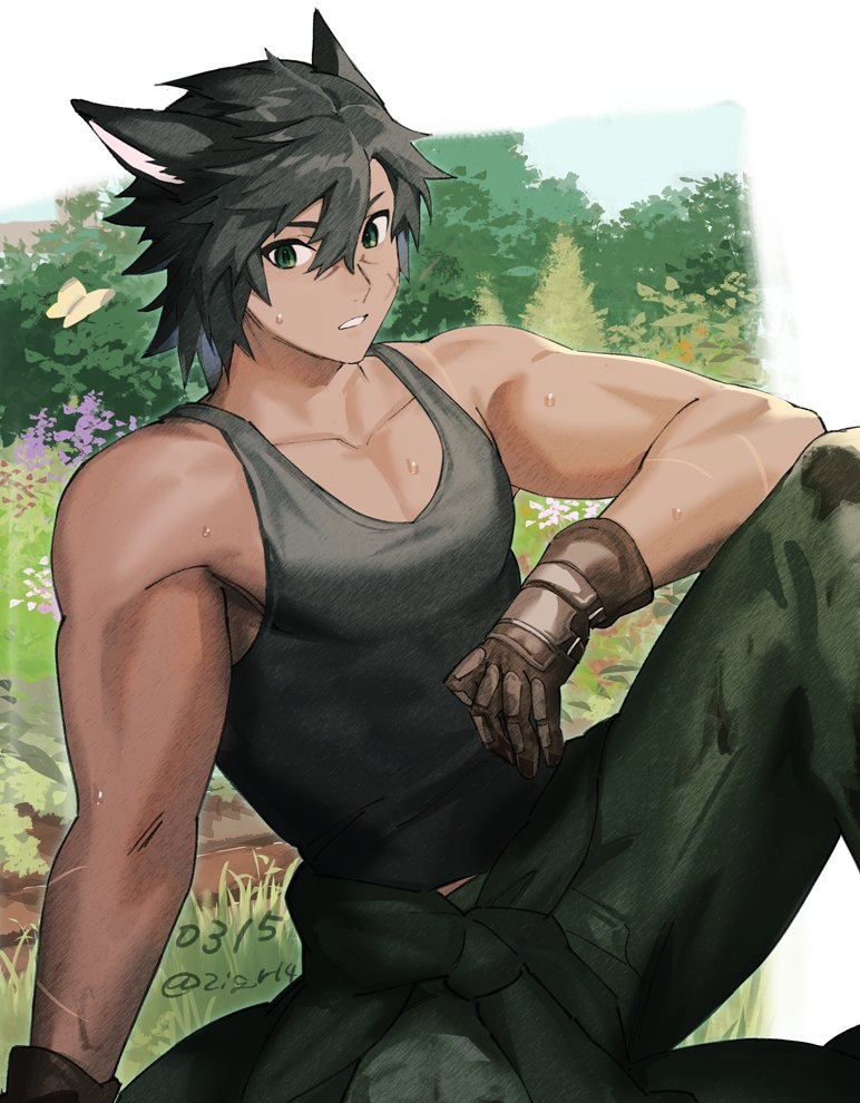 avatar (ff14) 1boy male focus tank top knee up toned male scar on arm animal ears  illustration images
