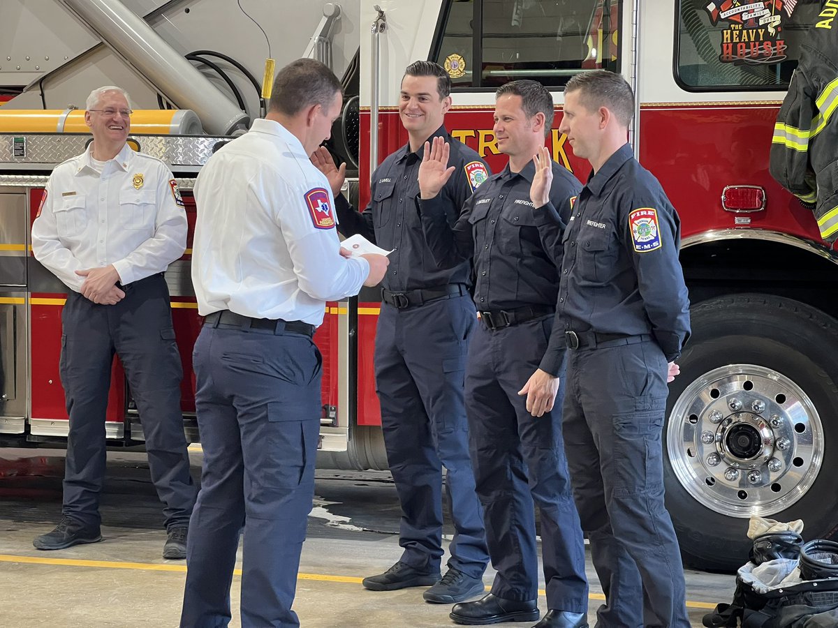 Addison_Fire's tweet photo. This morning we swore in three probationary firefighter/paramedics.  Congratulations to Jeff Gateley, Cliff Askins, and Zack Lavell!  We are proud of your accomplishments so far! https://t.co/TjwAxk87lq