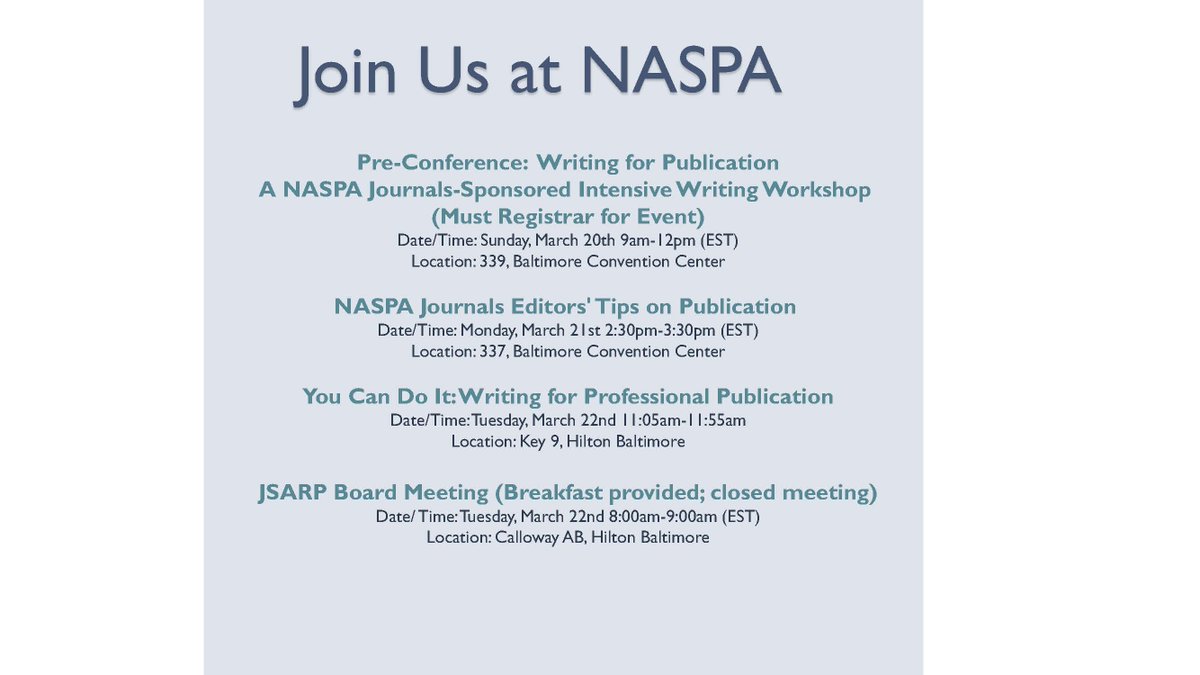 Are you attending NASPA? Join <a href="/NASPA_JSARP/">JSARP</a> for one of the 4 events we will be hosting during the conference. We hope to see you there. <a href="/NASPAtweets/">NASPA</a>