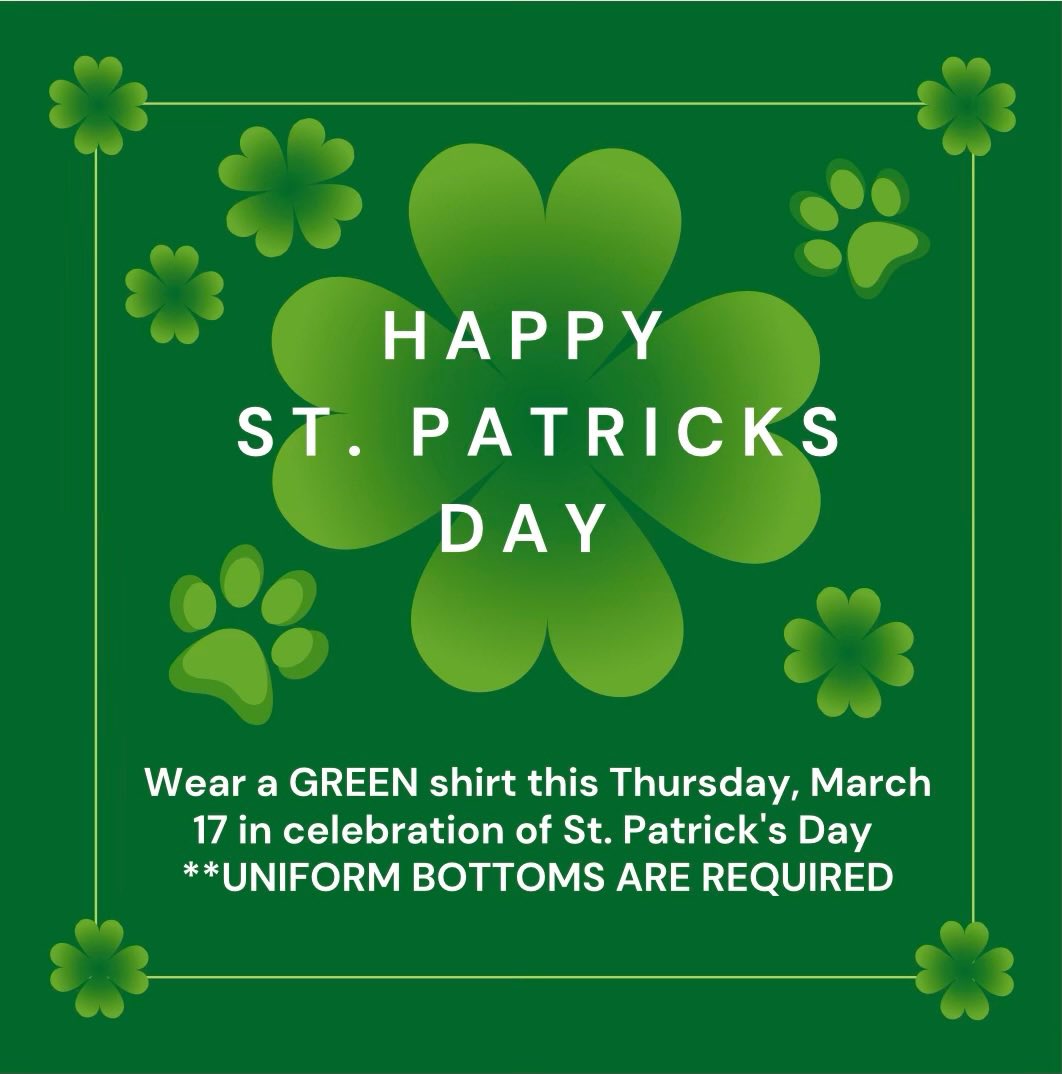 HDMcMillan's tweet photo. 🍀Panthers, bring the luck of the Irish with you on Thursday by wearing a green shirt! Uniform pants are required! May all the luck be with you! https://t.co/JNI95SWDWp