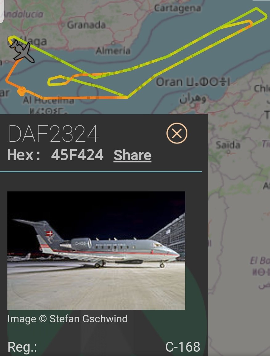 MilRadar's tweet photo. 🇩🇰 Real Fuerza Aérea Danesa #Bombardier CL-600 #Challenger #C168 regresa a #Málaga completando nueva patrulla #Frontex sobre el #Mediterráneo https://t.co/D74GtWzLWs