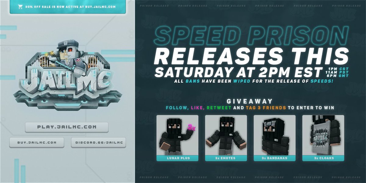 JailMCPrison's tweet image. JailMC | Speed Prison 🚀

Speed Prison releases this Saturday @ 2PM EST!

In celebration we'll be giving away:

▫️ 3x Lunar+ Subscriptions
▫️ 3x Lunar Bandanas
▫️ 3x Lunar Cloaks
▫️ 3x Lunar Emotes

For more information, check out our discord post! 📣

🔗 discord.gg/jailmc