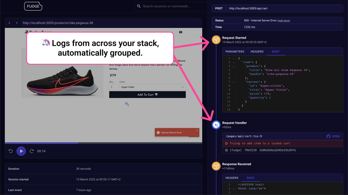 Super proud of what we've built in 3 weeks!

🎦 User session replay
🌎 With browser logs &amp; network requests

But my favorite...
🦄 See relevant server-side logs in the session replay

I think Fudge will change how full-stack devs solve bugs

Demo 👉 youtu.be/SIoCjsXRmMI 👈