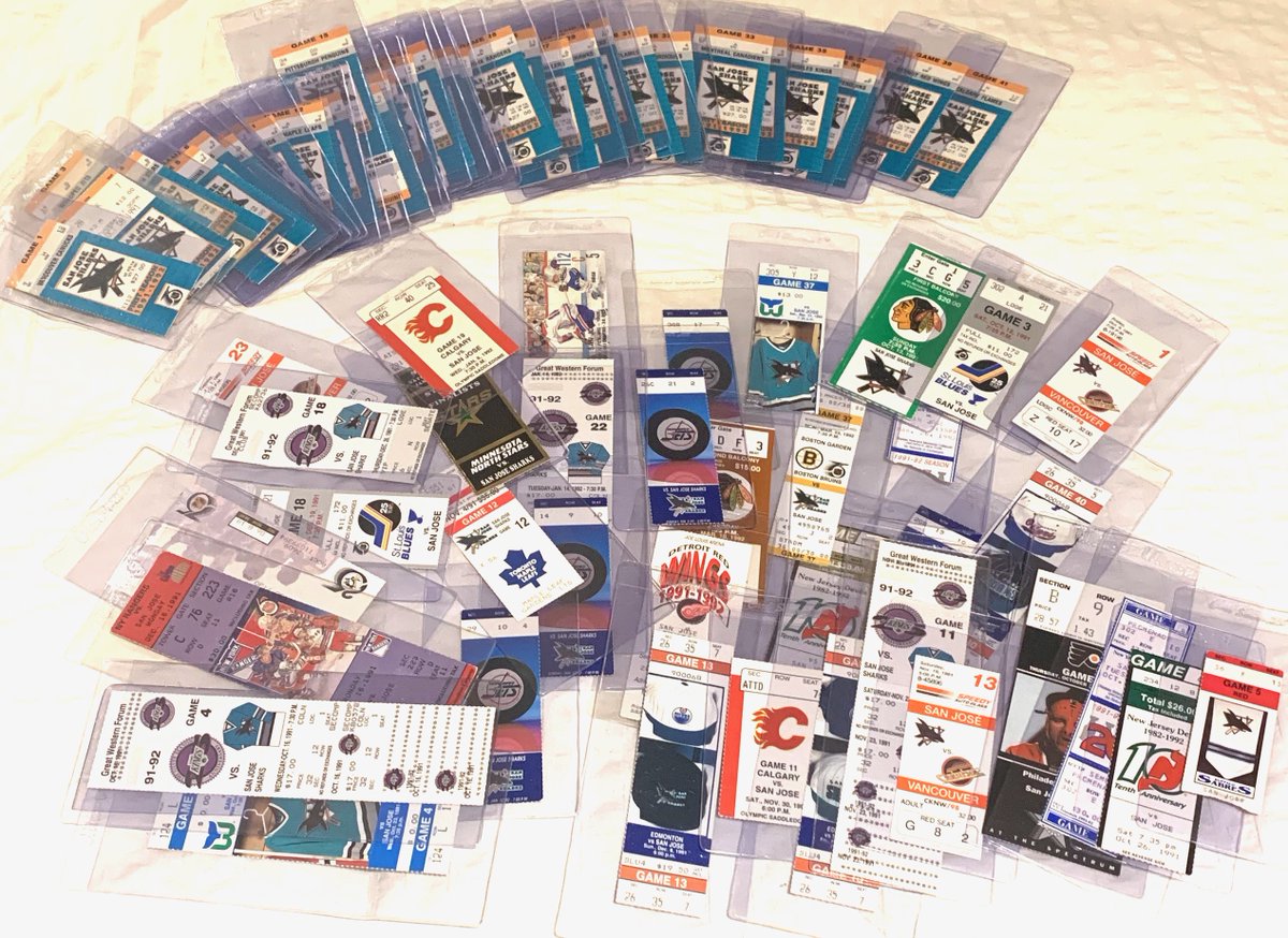ticketstubguy's tweet photo. I’m closing on a 21 year goal: collect ticket stubs from every 1991-92 @sanjosesharks game, home and away. I’m down to needing just 6. Anyone? #icollect

Oilers 1/21/1992
Nordiques 11/2/1991
Capitals 2/9/1992
Sabres 2/14/1992
Flames 3/19/1992
Sharks 4/1/1992 (game played on 4/16) https://t.co/Ck8w9Pe2lJ