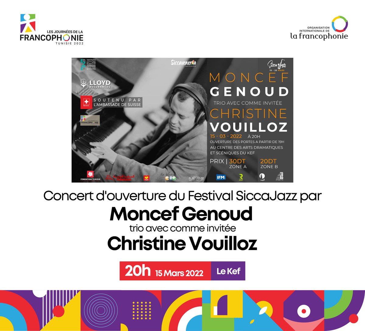 Le grand pianiste🇨🇭 aux racines 🇹🇳 Moncef Genoud et la chanteuse et comédienne🇨🇭Christine Vouilloz seront sur scène ce soir au #Kef pour le concert d’ouverture du Festival <a href="/SiccaJazz/">Sicca Jazz</a> ! Un beau coup d’envoi aussi pour les Journées de la #francophonie 2022 en #Tunisie.