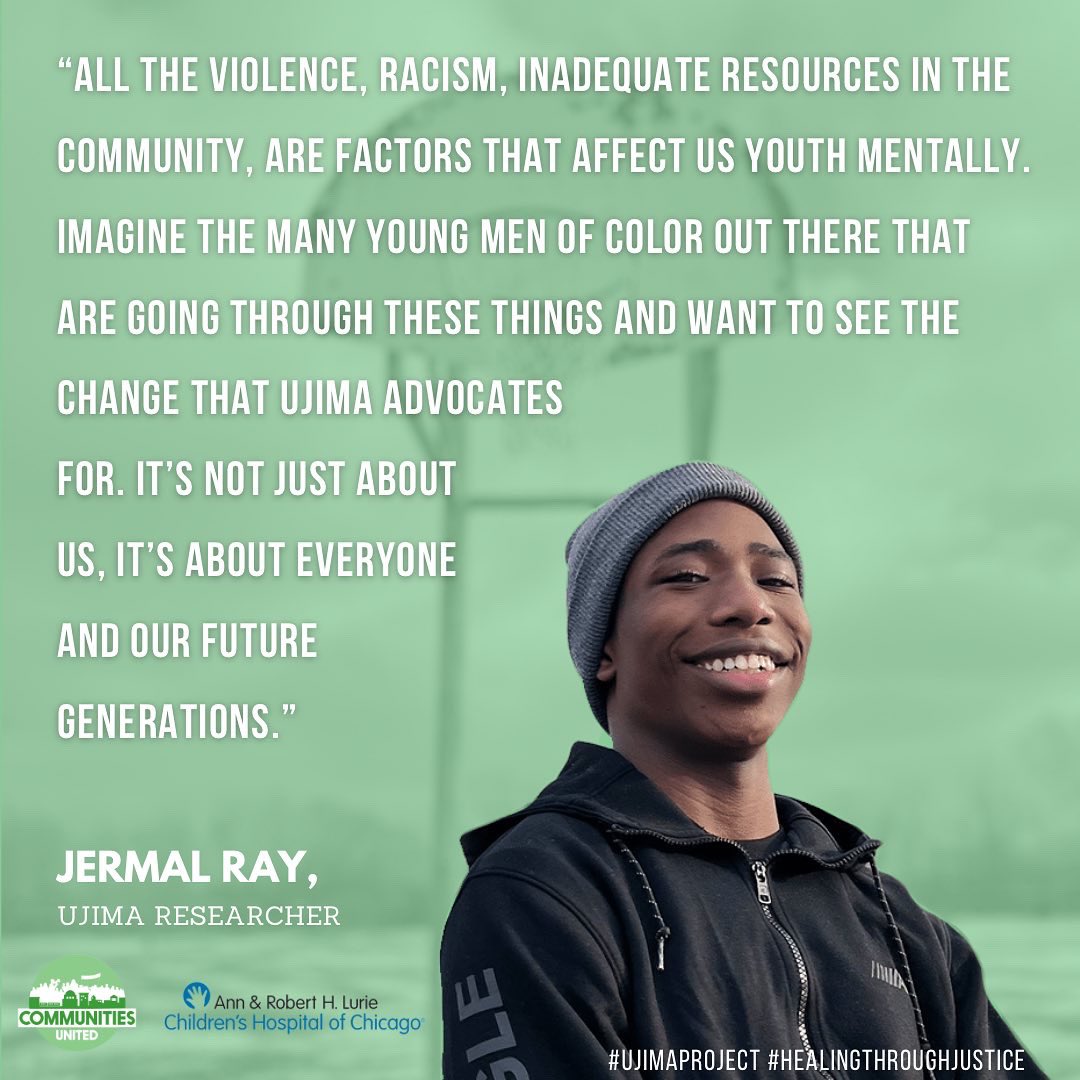 CommsUnited's tweet photo. CU youth leader and Ujima researcher Jermal Ray shares that, "all the violence, racism, and inadequate resources in the community, are factors that affect us youth mentally.”
#HealingThroughJustice #UjimaProject https://t.co/vD3aRHDKmw
