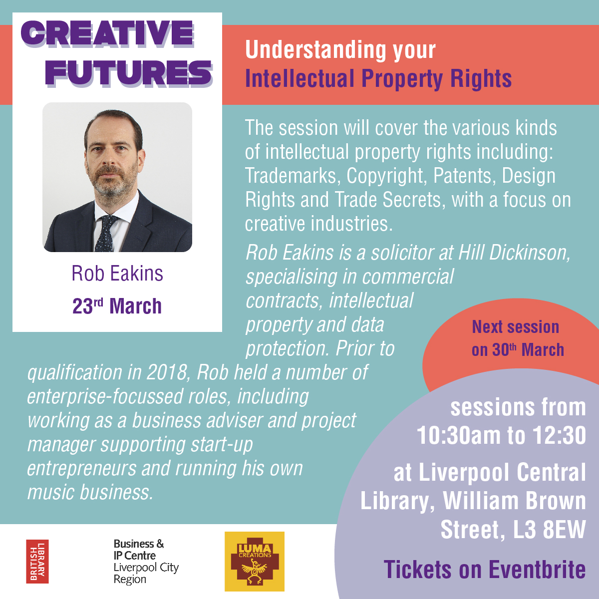 lumacreations's tweet photo. TOMORROW 10:30am the 2nd session of our #CreativeFutures programme will be delivered by @Rob_Eakins at Liverpool Central Library @Lpoolcentlib 
Few #FREE tickets left https://t.co/AuSYiSVR7H
#LiverpoolTraining #MerseysideCreatives #FreeWorkshops #IntellectualProperty https://t.co/ecegjZ8k9V