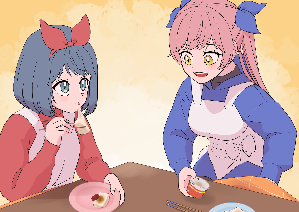 multiple girls 2girls chopsticks blue hair holding chopsticks twintails food  illustration images