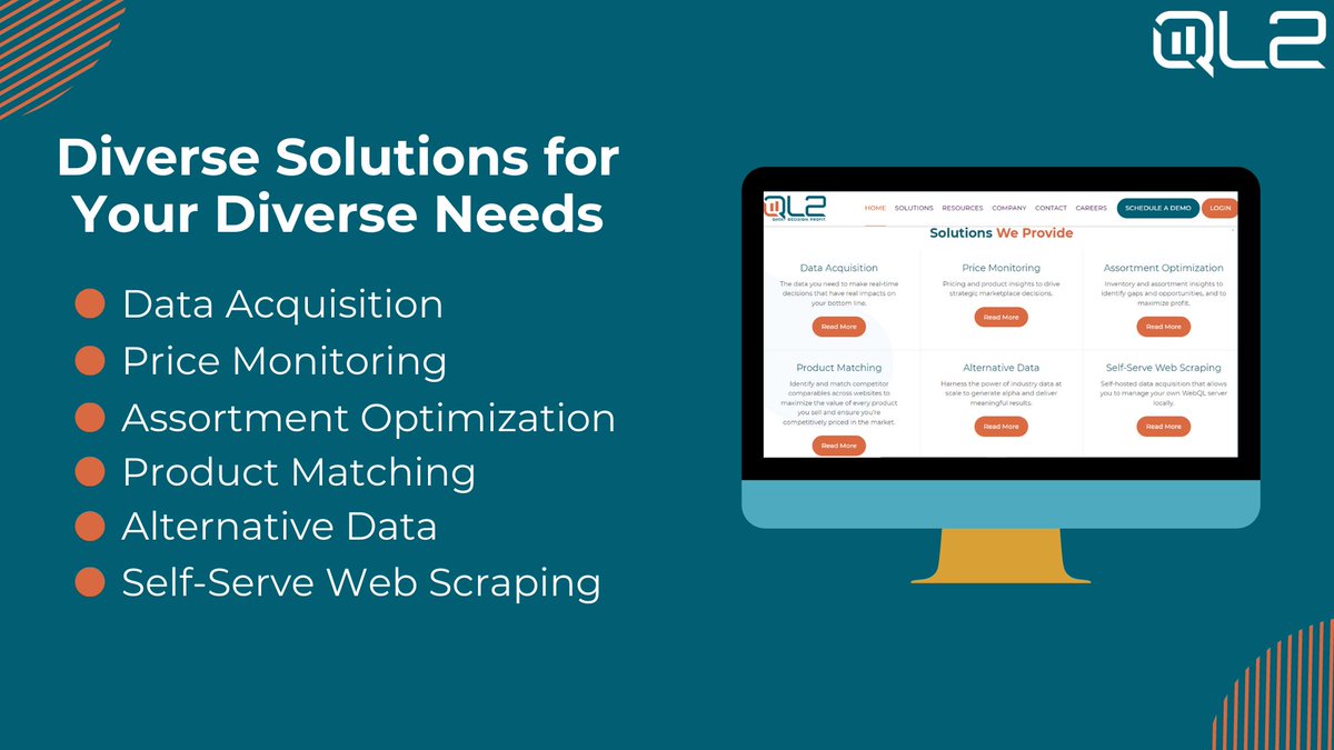 QL2 offers solutions for #DataAcquisition #PriceMonitoring #AssortmentOptimization #ProductMatching #SelfServeWebScraping & more! Visit our Solutions page to learn how we can provide you with the exact data and insights you need to impact your bottom line:hubs.la/Q015MLSB0