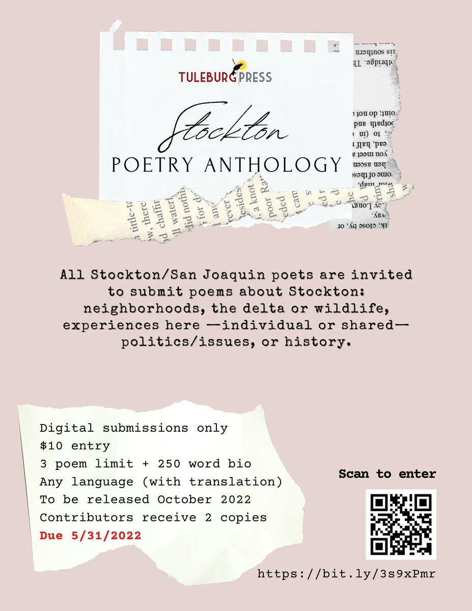 TuleburgPress's tweet photo. Have you submitted your poetry yet? Share your Stockton poetry and get the chance to be published in our upcoming poetry anthology! 
Submit Here: https://t.co/JHRHrGqc8q https://t.co/kDdp14T0sK