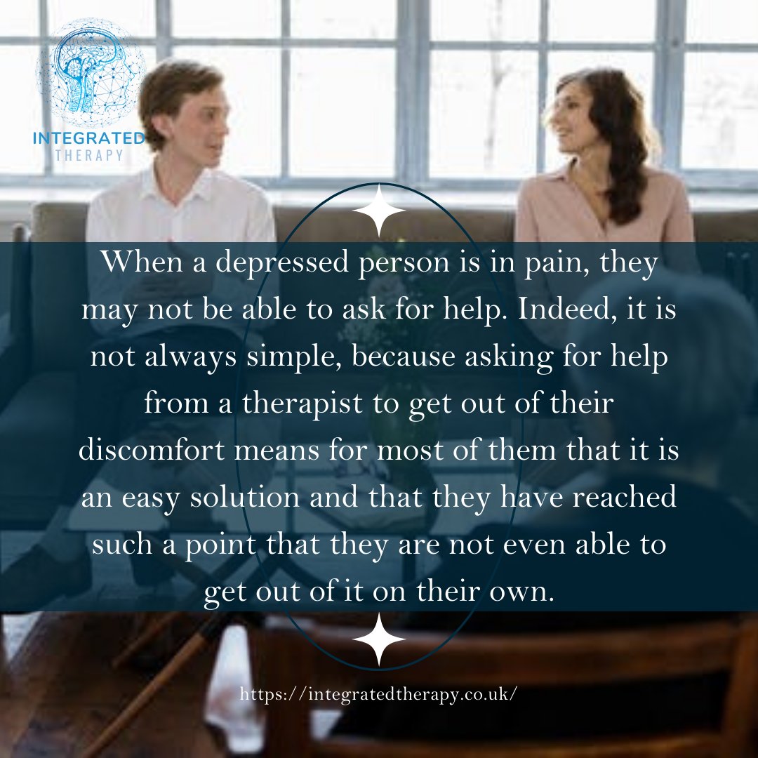 IT_therapyuk's tweet photo. When a depressed person is in pain, they may not be able to ask for help. Indeed, it is not always simple, because asking for help from a therapist to get out of their discomfort means for most of them that it is an easy solution.

 #mentalhealthawareness #integratedtherapy https://t.co/JiINtvvbeT