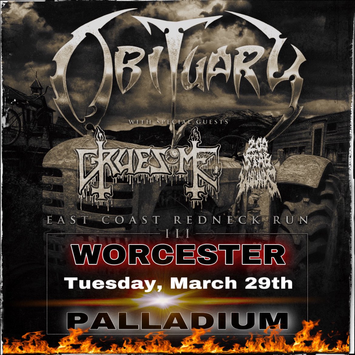 obituarytheband's tweet photo. Worcester - Palladium 
  -  2 WEEKS AWAY -
..til the RedNecks Invade!
2 QUESTIONS:
Who’s going?
What Song do YOU want to hear?
#RedNeckRunIII https://t.co/3tSfzzKE7s