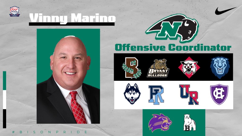 Nichols Football (@nicholsbisonfb) on Twitter photo We are thrilled to welcome Coach Vinny Marino as our Offensive Coordinator/QB’s coach!
Welcome to the herd #bisonpride
<a href="/Nichols_College/">Nichols College</a>
@NicholsPrez
<a href="/ncbison/">Nichols College Athletics</a> We are thrilled to welcome Coach Vinny Marino as our Offensive Coordinator/QB’s coach!
Welcome to the herd #bisonpride
<a href="/Nichols_College/">Nichols College</a>
@NicholsPrez
<a href="/ncbison/">Nichols College Athletics</a>