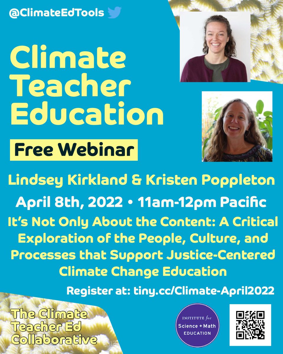 WEBINAR: Join us for our <a href="/ClimateEdTools/">The Climate Teacher Education Collaborative</a> #TeacherEd Webinar on April 8th 11-noon Pacific!

Excited to have <a href="/kirklanlr/">Lindsey Kirkland</a> &amp; @kpoppleton from <a href="/climategenorg/">Climate Generation</a> share how they focus on justice in #ClimateChange ed efforts. 🌍

Session will be recorded

To register: tiny.cc/Climate-April2…