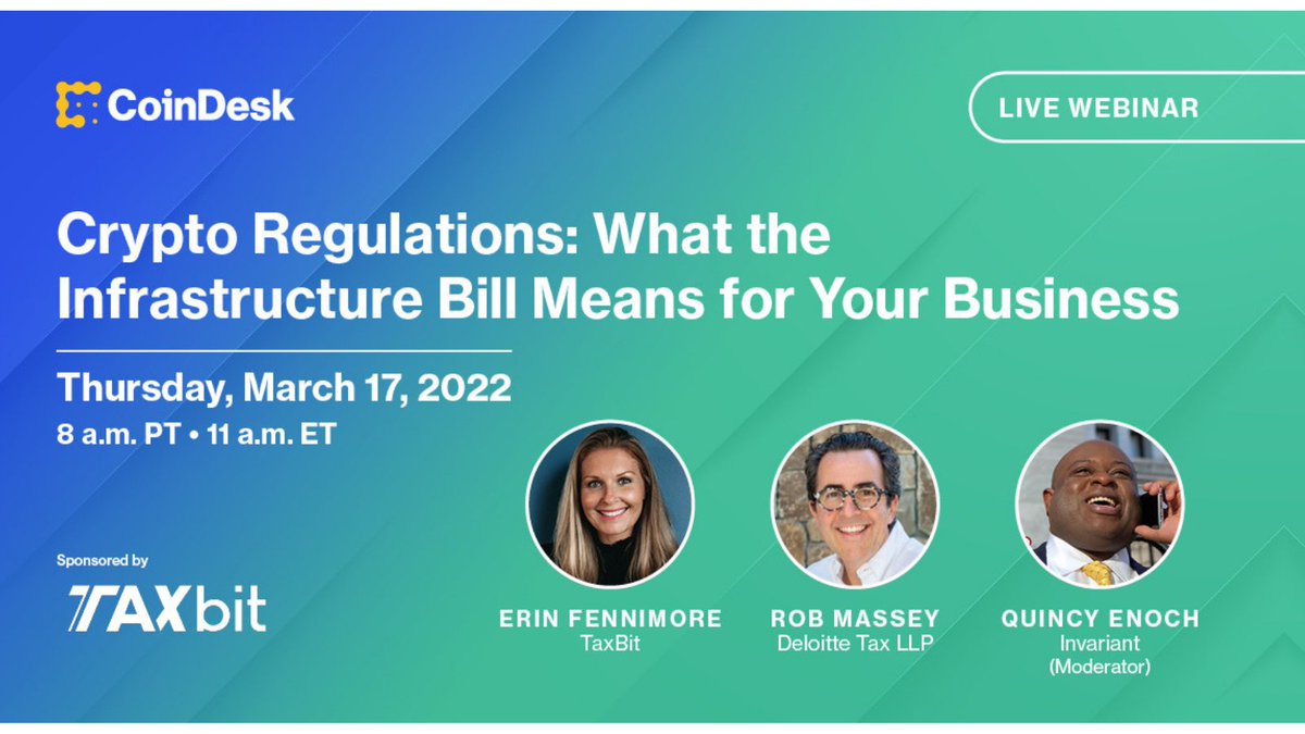 CRYPTO REGULATIONS: WHAT THE INFRASTRUCTURE BILL MEANS FOR YOUR BUSINESS? Tune in March 17th, 2022
8:00 a.m. PT | 11:00 a.m. ET

#cryptotaxes 

bit.ly/3CPc7br