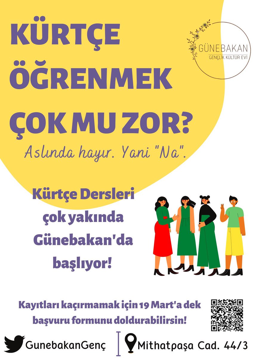 #Kurmancî Dili kursu formunu hâlâ doldurmadın mı? 🌻

19 Mart'a kadar kayıt formunu doldur, sana uygun gün ve saat tercihini yap, Günebakan sınıfımızda buluşalım! 👇
forms.gle/xgoJZaKrvRCh5n…