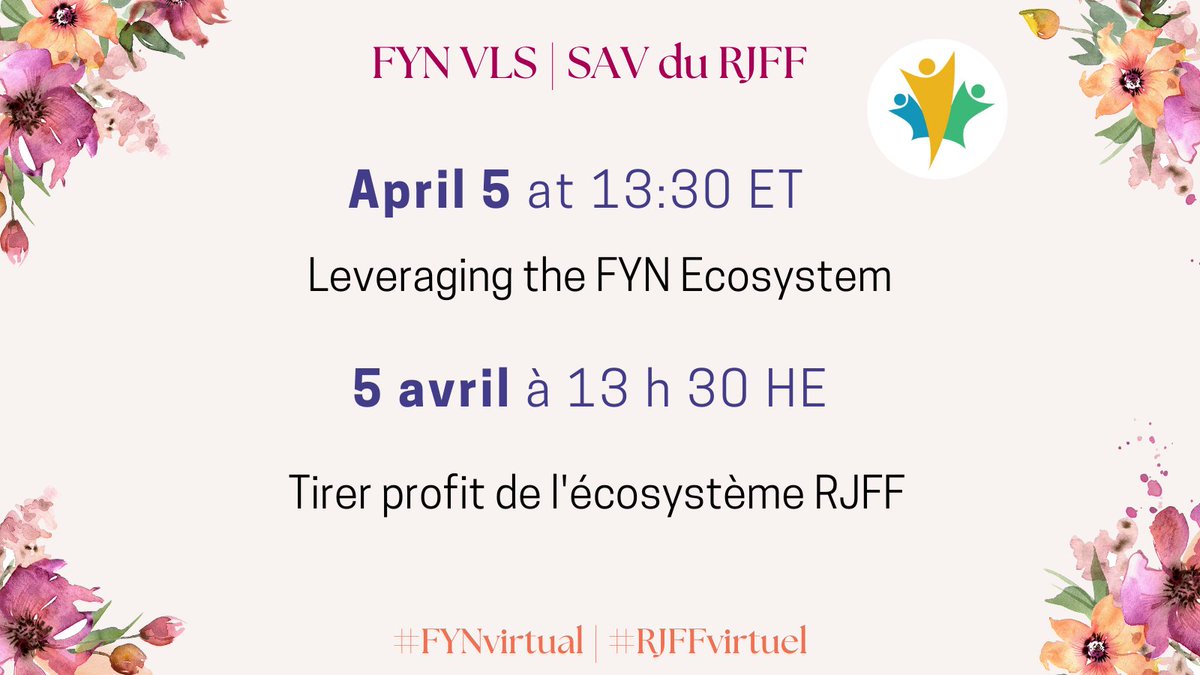 Leveraging the FYN Ecosystem is happening on April 5! If you want to learn how to navigate our resources, register now⬇️

Tirer profit de l'écosystème du RJFF se tiendra le 5 avril!  Si vous voulez apprendre à naviguer dans nos ressources, inscrivez-vous

wiki.gccollab.ca/FYN_Virtual_Le…