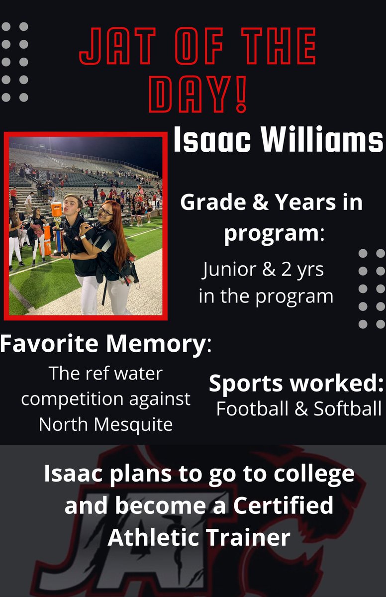 HornJATS's tweet photo. Our next #JATS highlight for #NATM2022 is Junior Isaac! He was a new comer to varsity 🏈 &amp; dominated ref water. He is also keeping our @LJS_Softball healthy as they start district play! 
#MeetTheTeam #AthleticTraining https://t.co/JmUdkud1hK