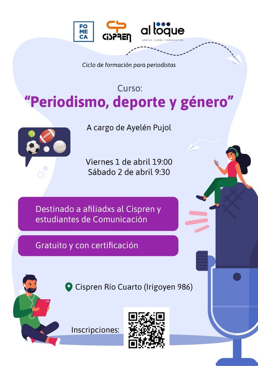 eriverogonzalez's tweet photo. El 1 y 2 de abril nos visitará @ayelenpujol para dar un curso sobre periodismo, deporte y género.

Es en el marco de un ciclo de capacitaciones organizadas por @CoopAlToque y @cisprenrio4 a través del financiamiento de Fomeca.

📝 Inscripciones: https://t.co/zgdAJbGr1A https://t.co/5AAdG1ucev