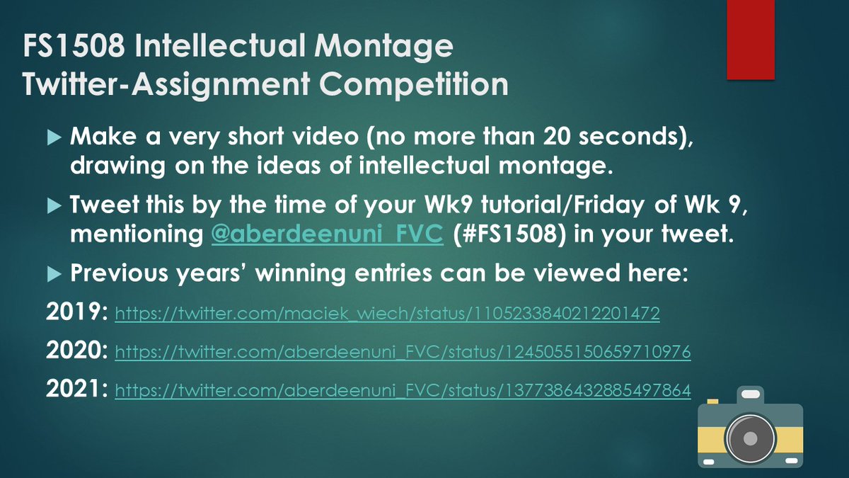 aberdeenuni_FVC's tweet photo. In the week where our Level 1 students are studying montage and Eisenstein's Battleship Potemkin, we are once again launching our annual Intellectual Montage Twitter competition for our #FS1508 students! All details in image below - we look forward to your entries! 📽️🎞️🎦 https://t.co/2ORiv7zhuO