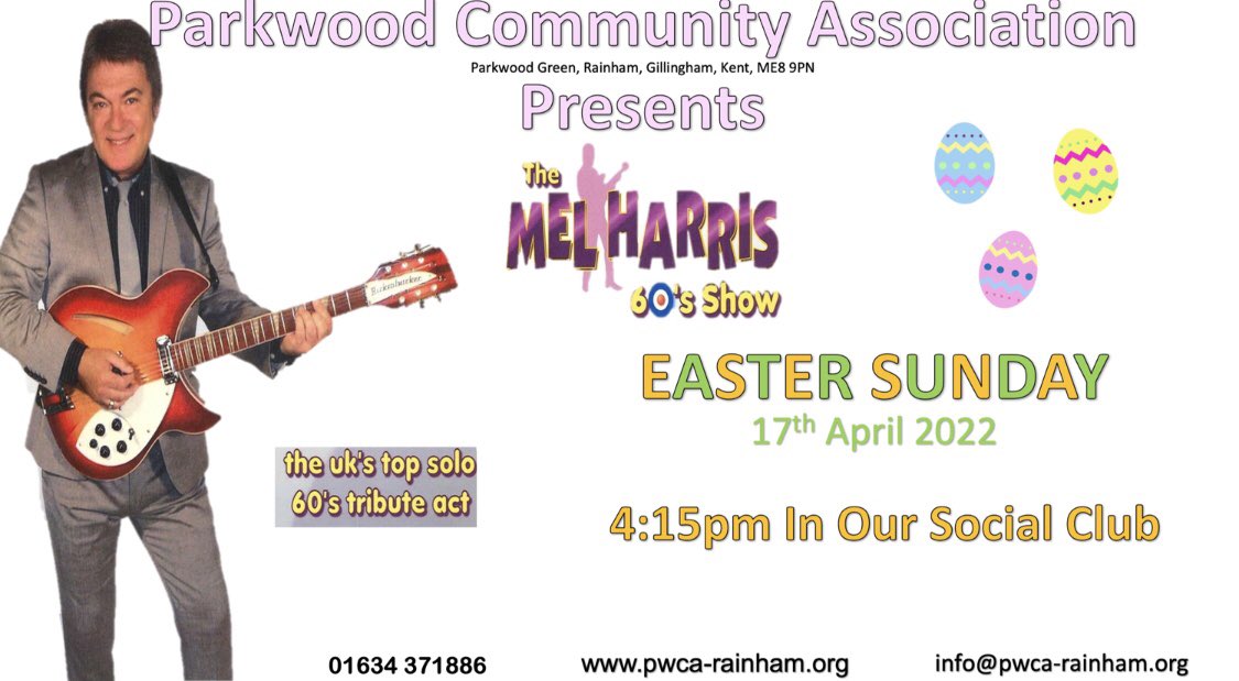 pwca_rainham's tweet photo. EASTER SUNDAY 🐣

17th April 2022!

MEL HARRIS 🎸

4:15pm in our social club 🎶 https://t.co/ElCdC0hWfW