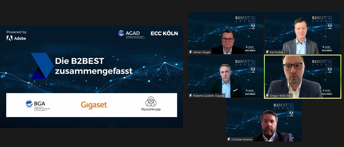 ECCKoeln's tweet photo. Bevor es nun in die #DeepDive-Sessions der #B2BEST geht, eine kurze Abschlussrunde mit allen Refernten. Ein Fazit des Tages: Diversifizierung der #Lieferketten muss mehr in den Vordergrund rücken. @Gigaset @thyssenkrupp Schulte @Der_BGA @Creditreform https://t.co/F8sPduk2S7