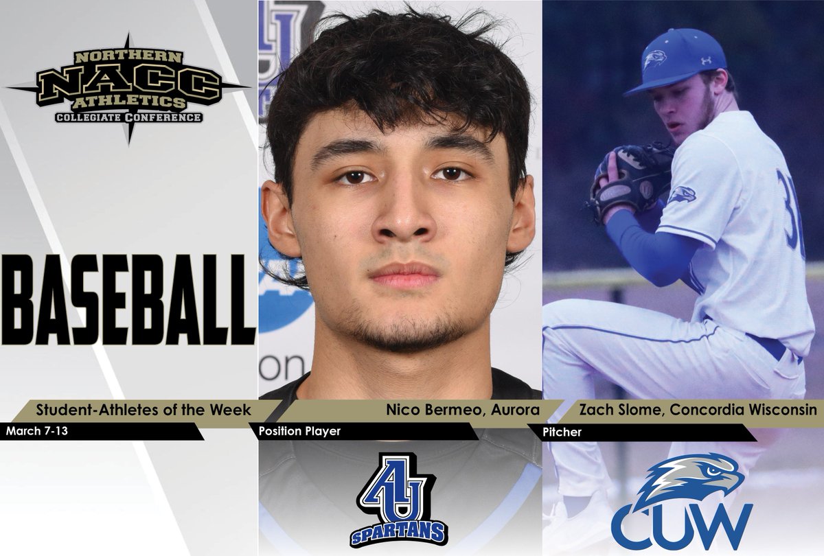 NACC_sports's tweet photo. #NACCbase ⚾️ | Aurora's Bermeo, CUW's Slome Named NACC Baseball Student-Athletes of the Week

@AU_Spartans / @CUWFalcons 

📰 https://t.co/houSk06ttJ 

#NACCtion #d3baseball https://t.co/qIuxY0RFuO