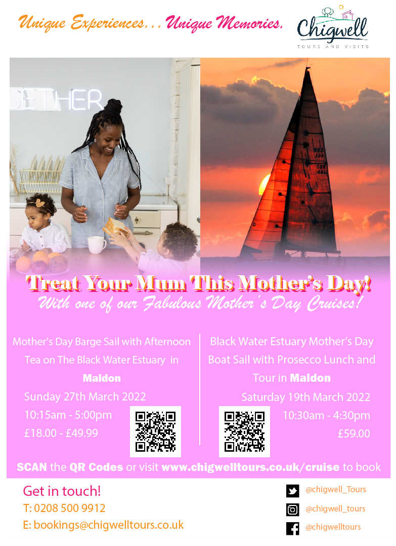 chigwell_tours's tweet photo. 🥳✨  JOIN US IN CELEBRATING MOTHERS AND MOTHER FIGURES EVERYWHERE!✨ 🥳 
​
👑 ​Give your Mum a day she deserves, with one of our GORGEOUS Mother's Day Cruises!👑 

​​​🌟 Scan the QR CODES or visit https://t.co/8KAjjSsTJK to book your place!🌟

​​#mothersday #essex https://t.co/0Buf60rlE5
