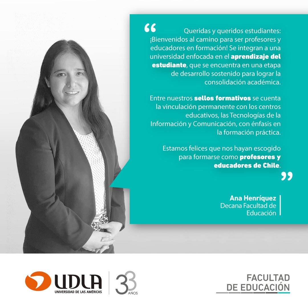 FeduUdla's tweet photo. 📚Compartimos un mensaje de la Decana de nuestra Facultad de Educación, @AnaHenriquez, para todas y todos los estudiantes que inician este año académico 2022. ¡Bienvenid@s a @UDLA_CL 
#UDLA #UDLACHILE #FacultaddeEducaciónUDLA  #Educación #ViñaDelMar #Santiago #Concepción https://t.co/7kNUWm2pQd