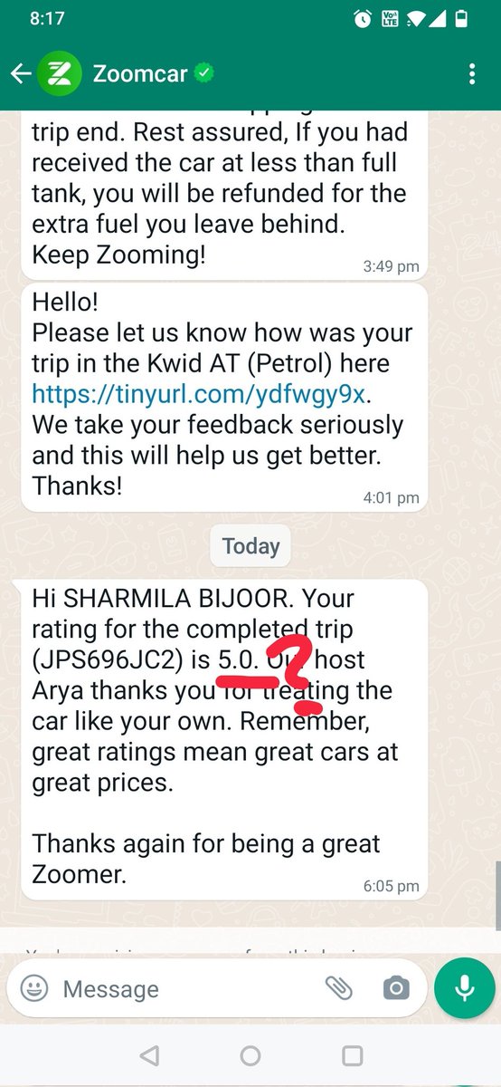 sbijoor's tweet photo. @ZoomCarIndia and the farce continues..after rating your service the lowest, you actually change the rating to the highest for your records! Resolve ID JPS696JC2 #zoomcarscam @morang @ConsumerCom #zoomcarcons #refundpending https://t.co/sMRPnlQy1n
