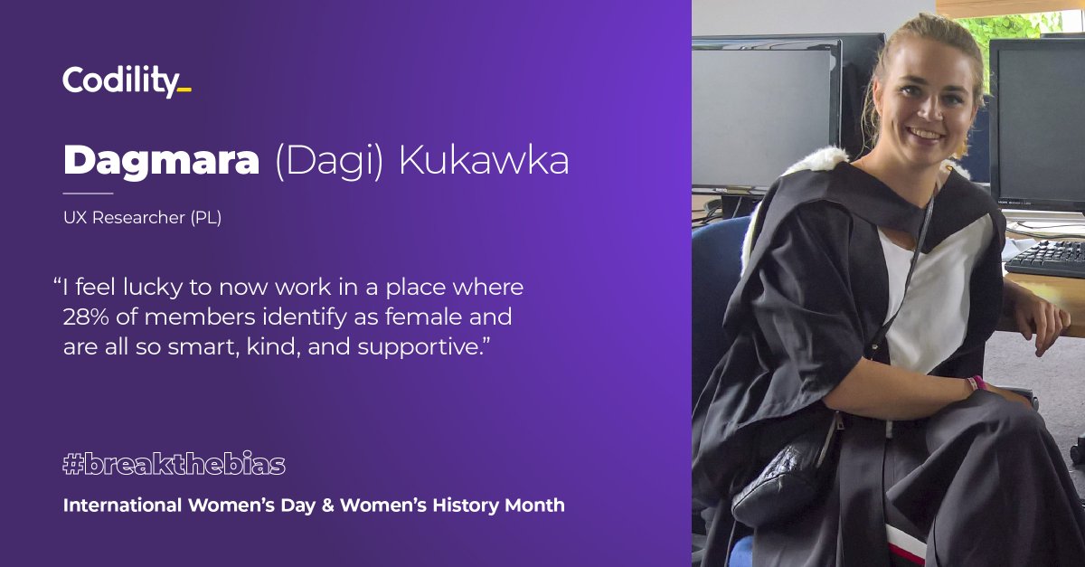 codility's tweet photo. "As a female who learned how to #code at 16 & has been navigating a male-dominated environment ever since...I feel lucky to now work in a place where 28% of members identify as female." โ Dagmara Kukawka, UX Researcher
#LifeatCodility #IWD2022 #BreakTheBias #WomenshistoryMonth https://t.co/ECZhI66yt2